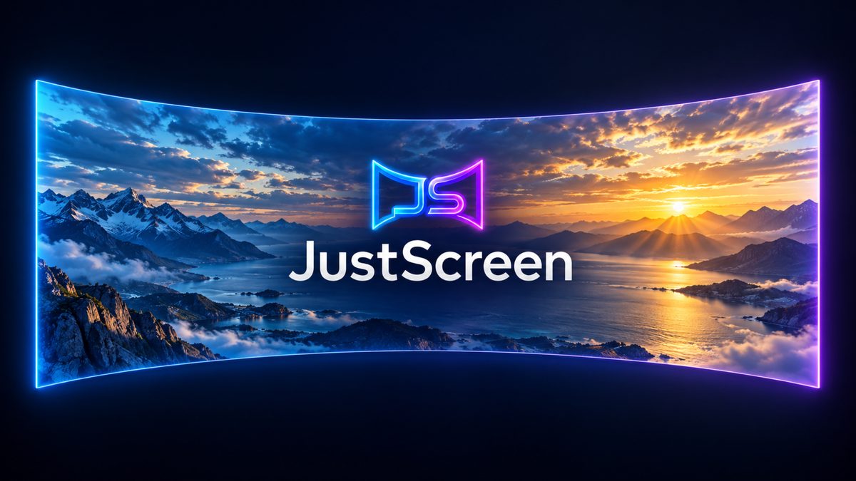 JustScreen promotional artwork: a curved floating screen showing an alpine coast at sunrise, with the blue and violet JS mark.