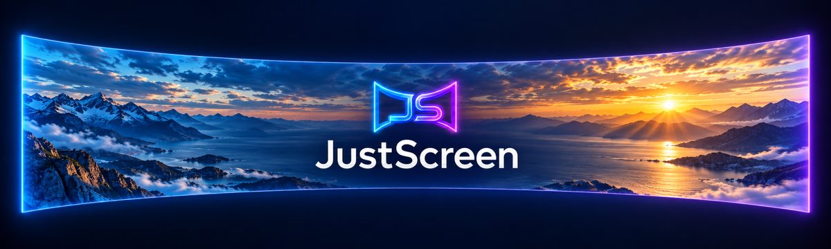 JustScreen promotional artwork with a huge curved screen, mountain coastline and golden sunrise against dark blue space.